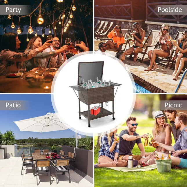 108 Qt Outdoor Portable Rattan Cooler Cart Trolley - Brown - Patio Bar Furniture
