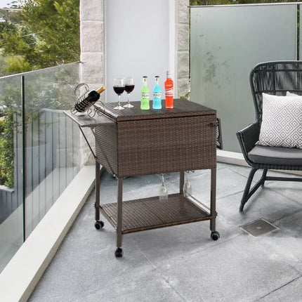 108 Qt Outdoor Portable Rattan Cooler Cart Trolley - Brown - Patio Bar Furniture