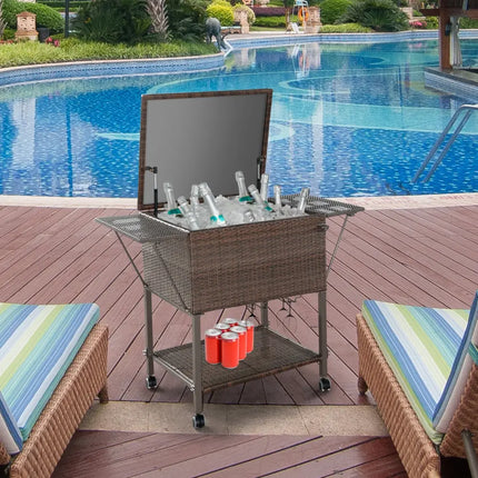 108 Qt Outdoor Portable Rattan Cooler Cart Trolley - Brown - Patio Bar Furniture