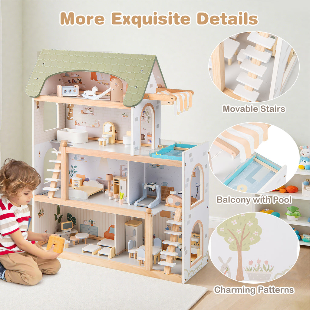 Wooden Dollhouse Kids DIY Pretend Playhouse with 33 PCS Furniture Accessories-Green