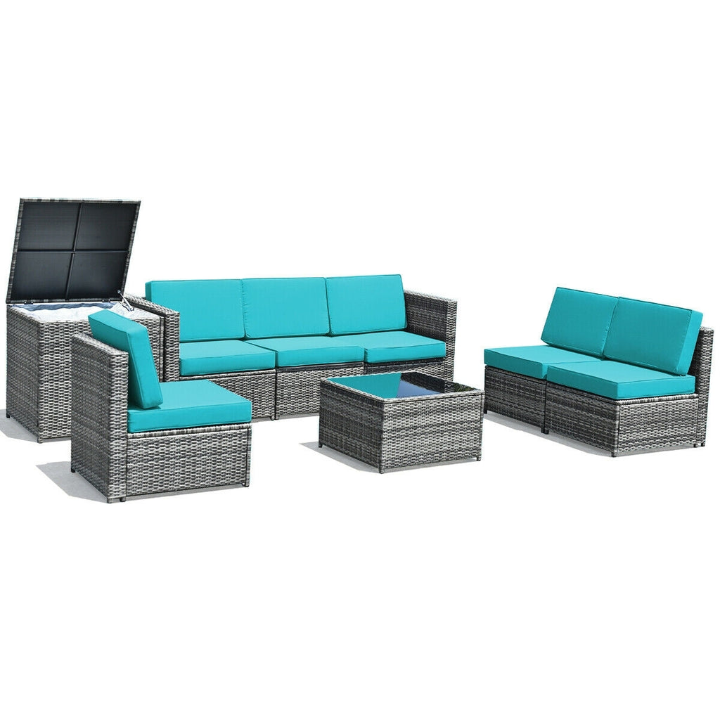 Ensemble de salle à manger 8 pièces en rotin et osier avec table de rangement - Turquoise