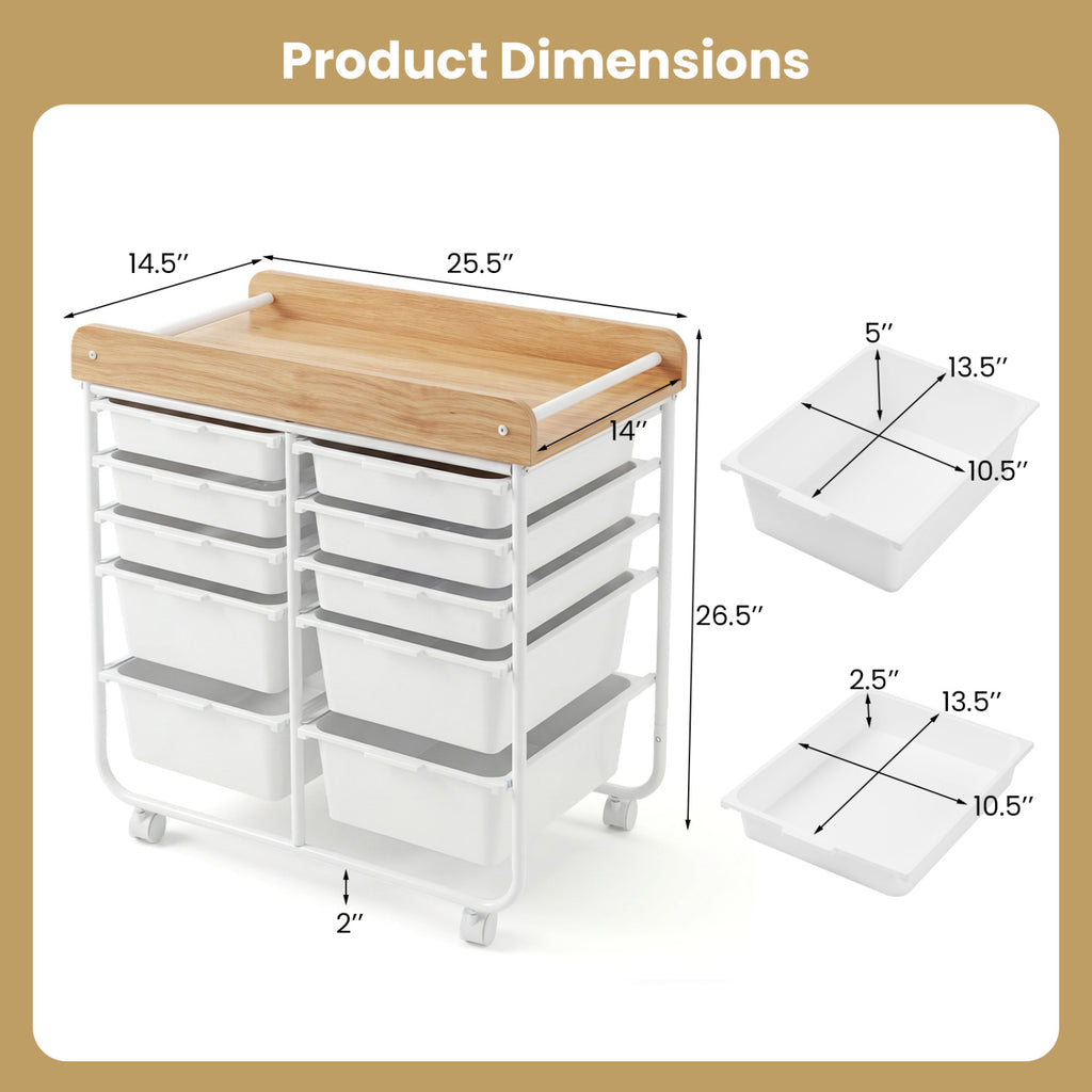 10-Drawer Rolling Cart with Wooden Tabletop and Lockable Wheels for Office-White