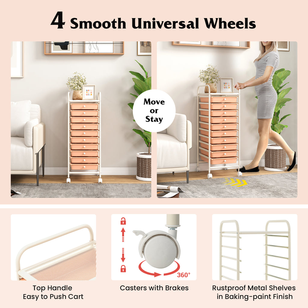 10 Drawer Rolling Storage Cart Organizer with 4 Universal Casters-Cherry