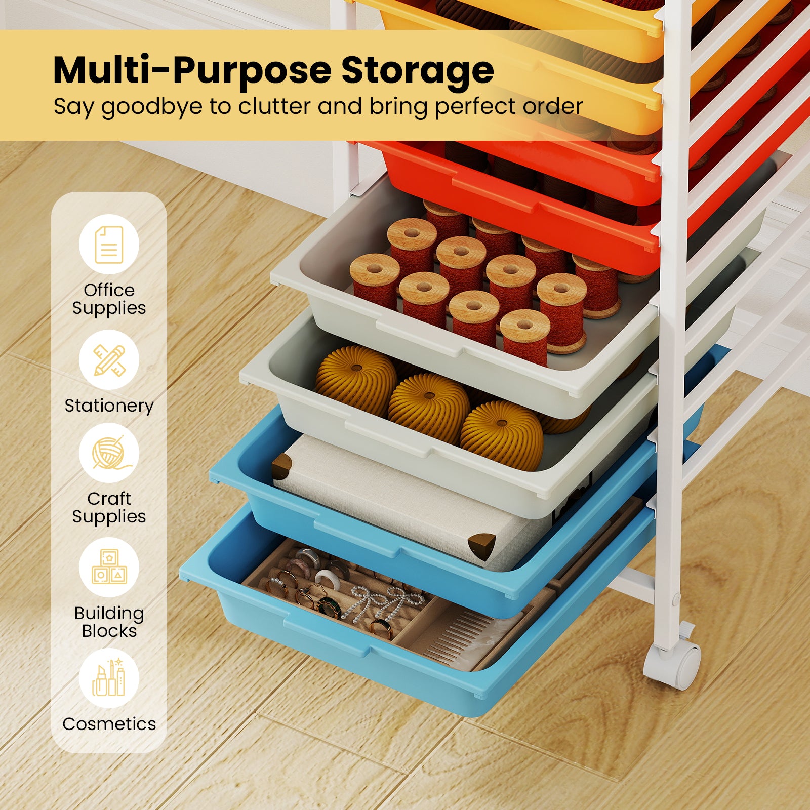 10-Drawer Rolling Storage Cart Mobile Utility Organizer with Wooden Tabletop and Lockable Wheels-Macaron