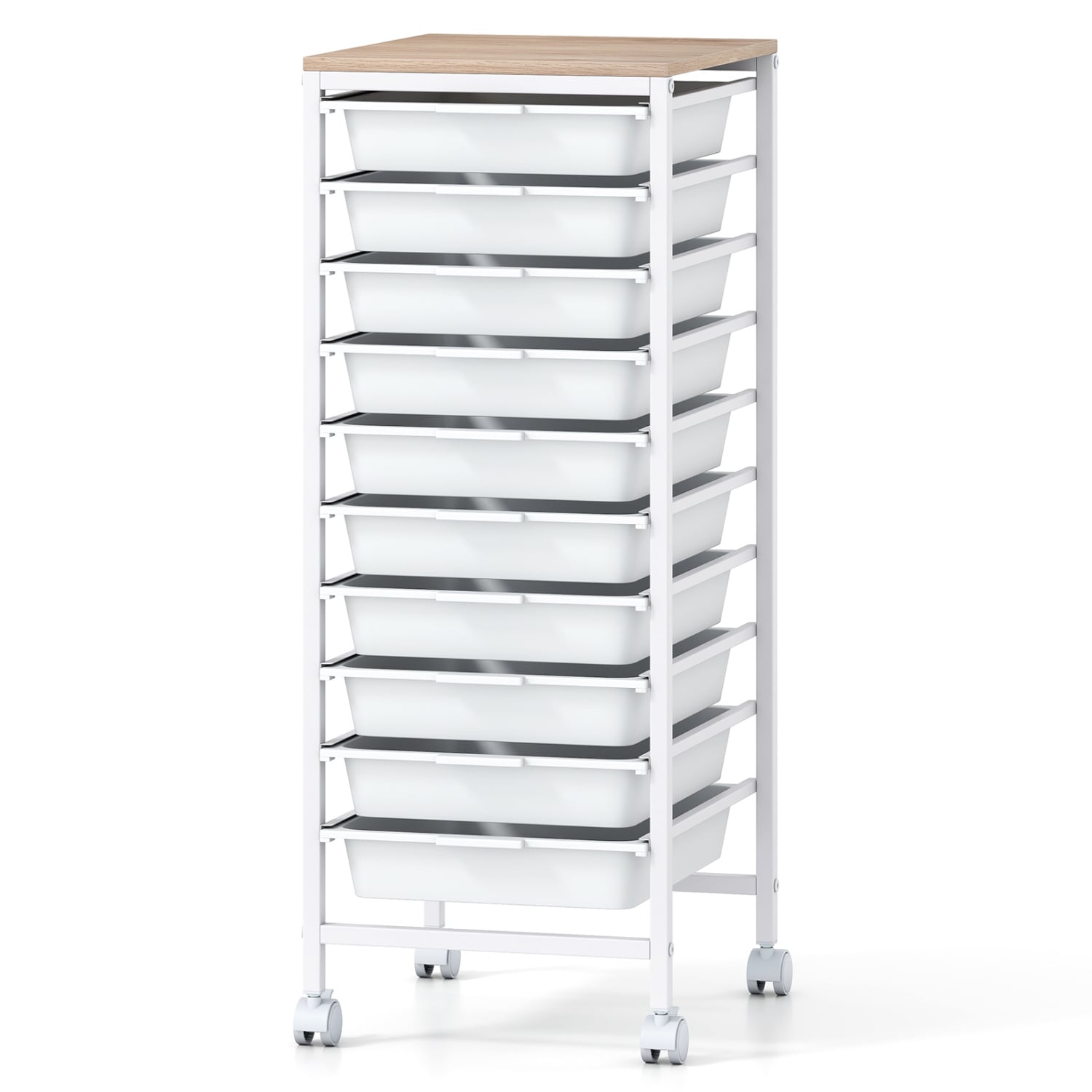 10-Drawer Rolling Storage Cart Mobile Utility Organizer with Wooden Tabletop and Lockable Wheels-White