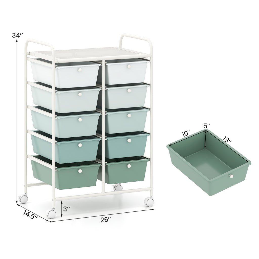 10-Drawer Rolling Storage Cart-Light Green