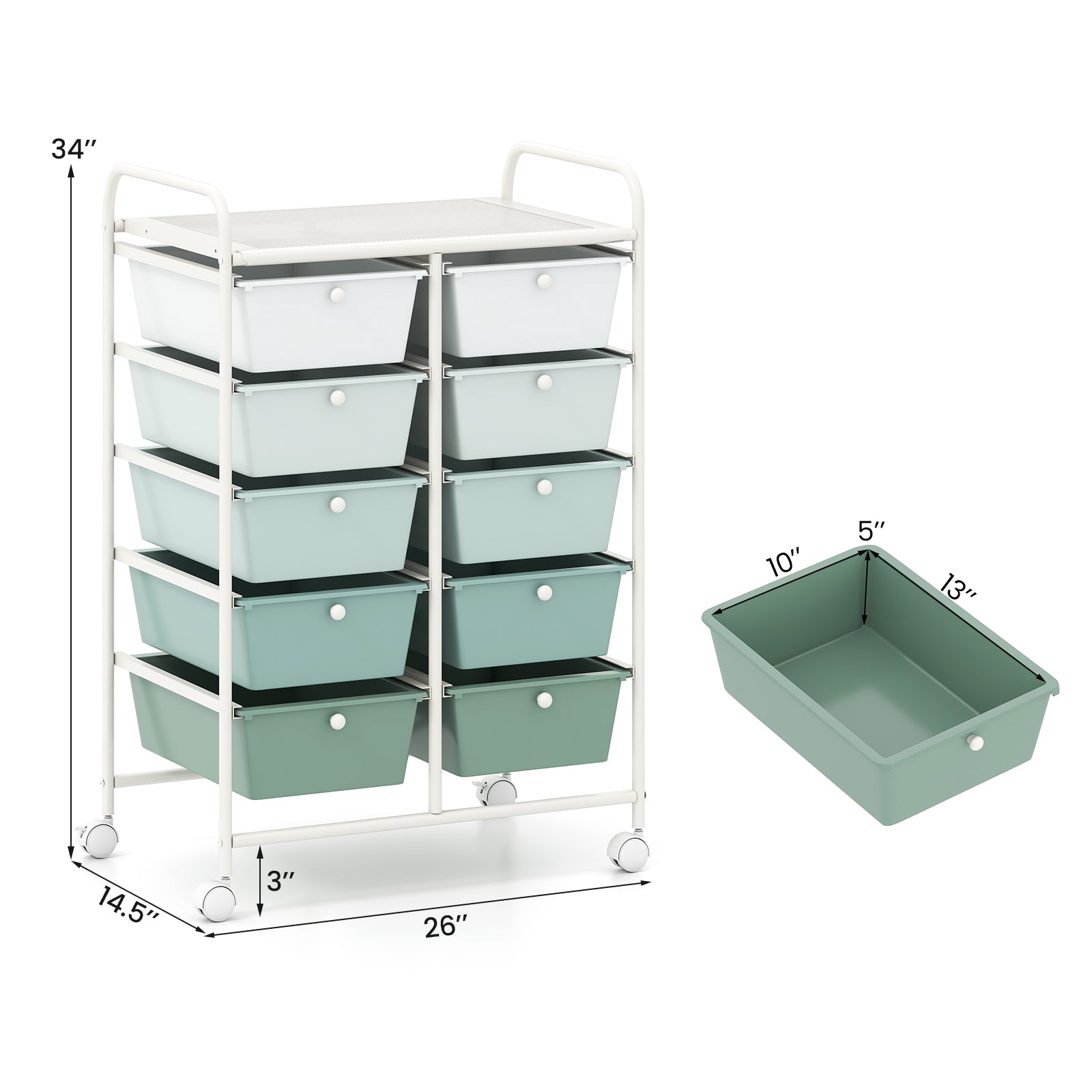 10-Drawer Rolling Storage Cart-Light Green