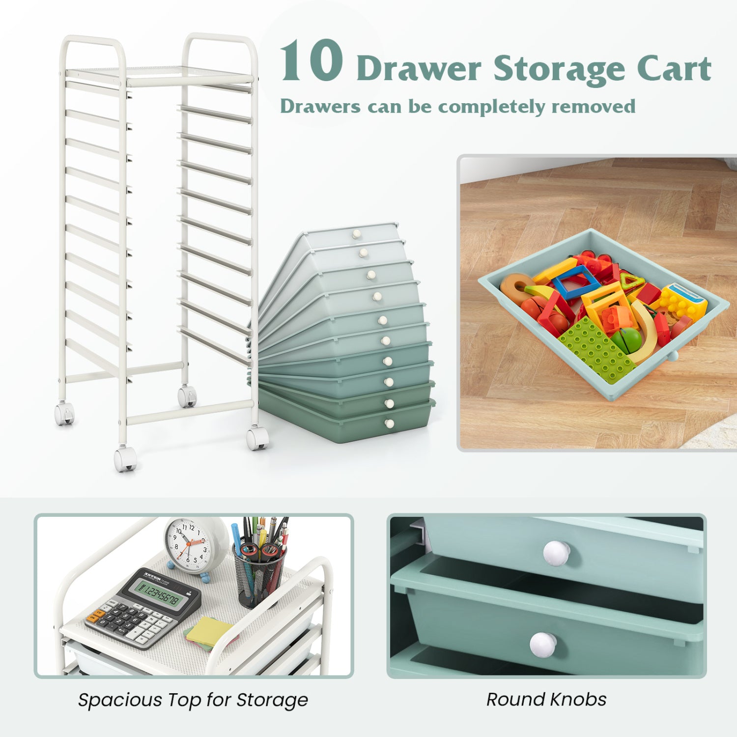 10 Drawer Rolling Storage Cart Organizer with 4 Universal Casters-Green