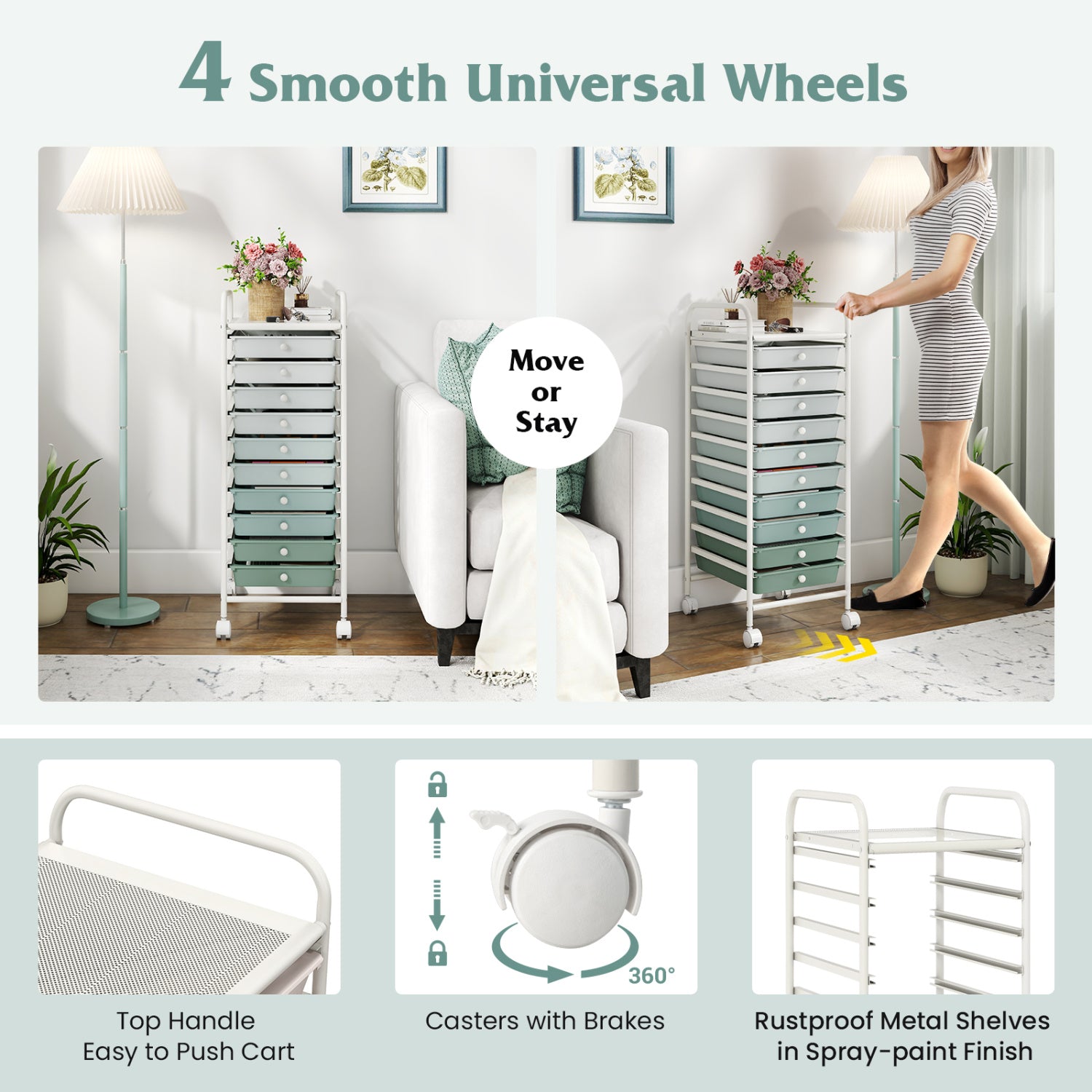 10 Drawer Rolling Storage Cart Organizer with 4 Universal Casters-Green