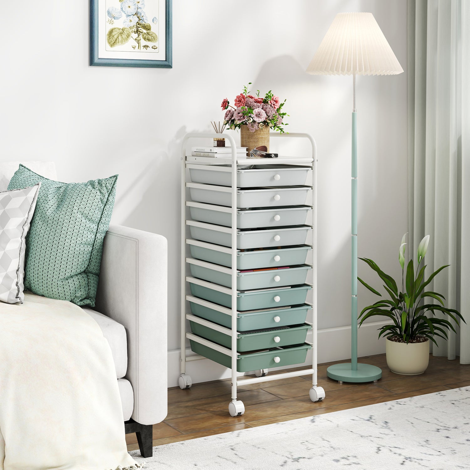 10 Drawer Rolling Storage Cart Organizer with 4 Universal Casters-Green