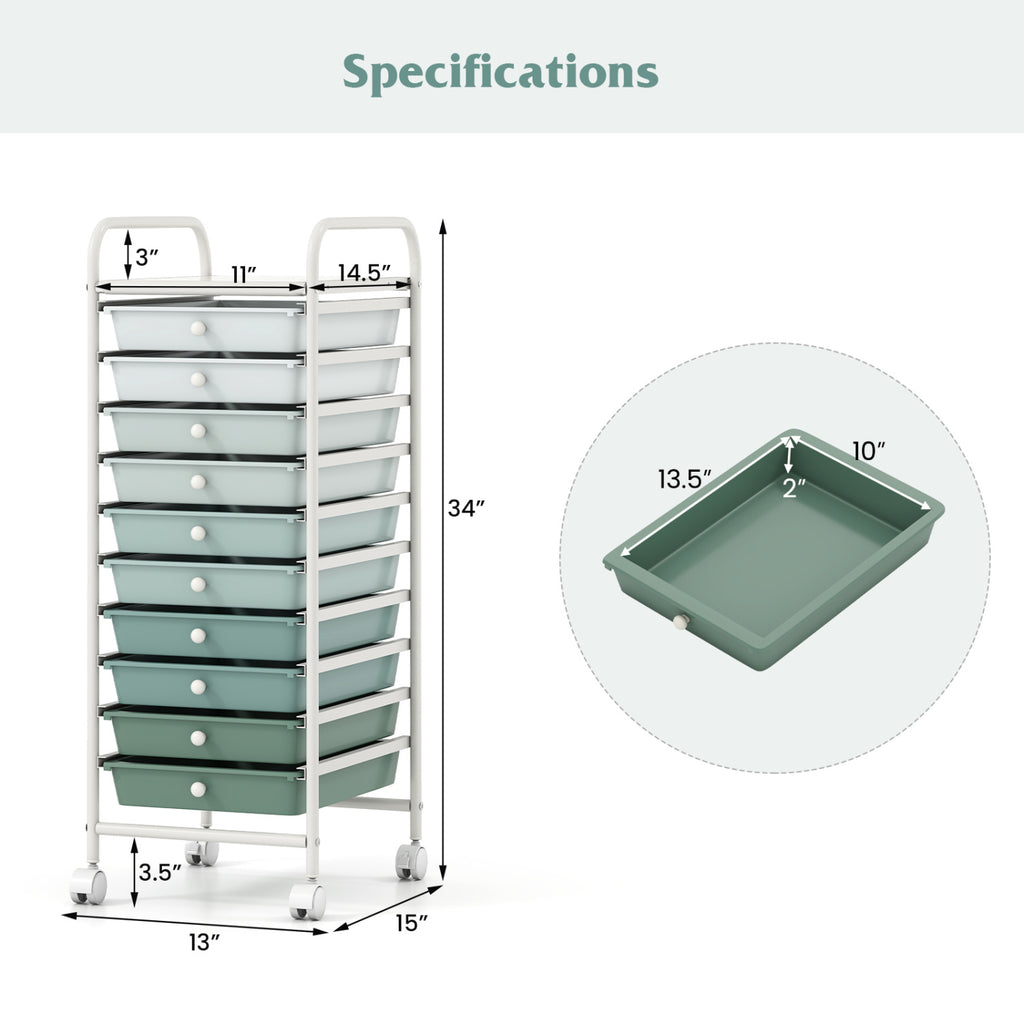 10 Drawer Rolling Storage Cart Organizer with 4 Universal Casters-Green