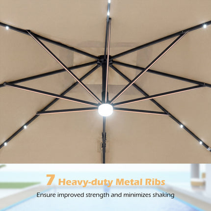10 FT Cantilever Patio Umbrella with Solar LED Lights for Pool and Garden-Beige