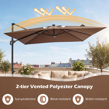 10 FT Cantilever Patio Umbrella with Solar LED Lights for Pool and Garden-Brown