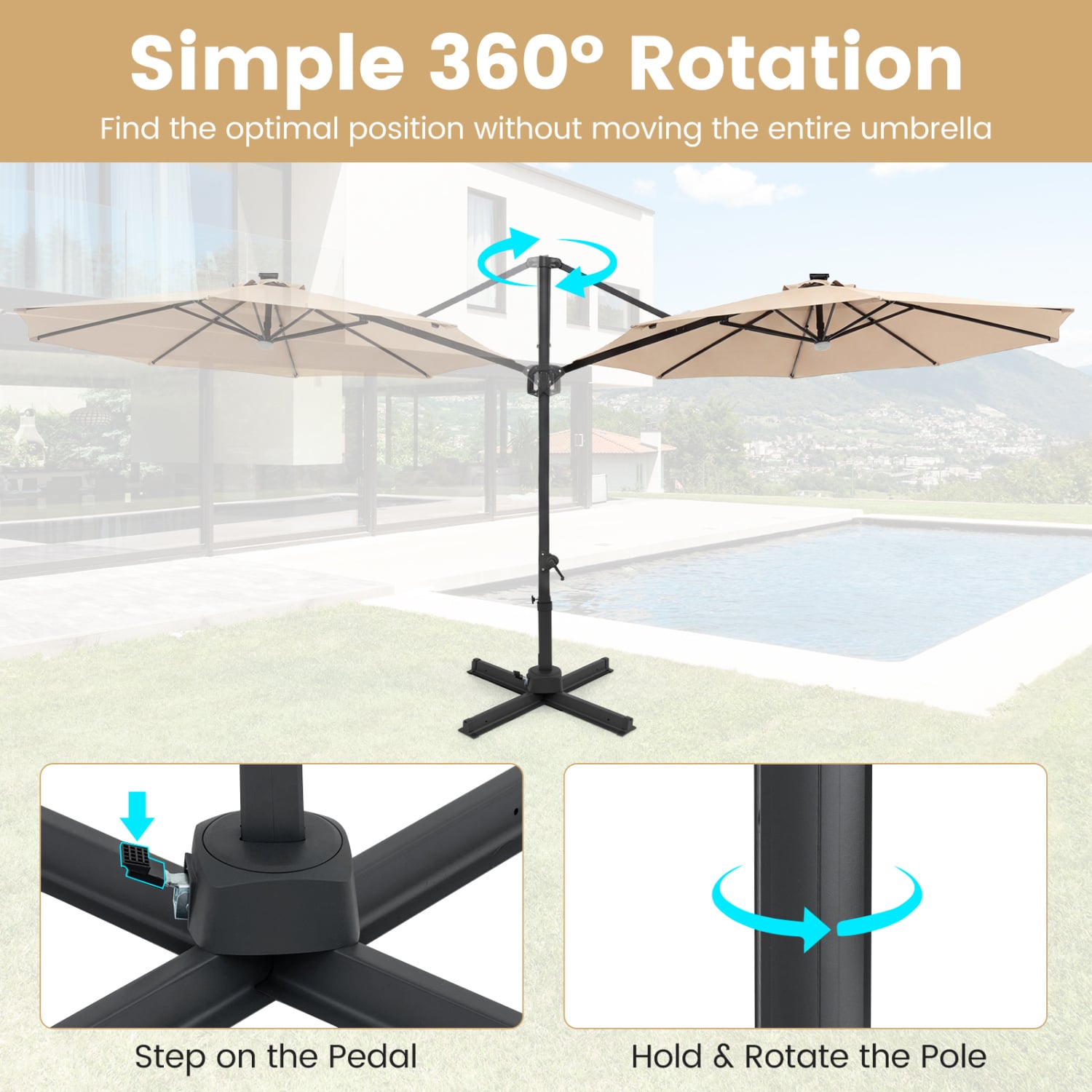 10 FT Cantilever Patio Umbrella with Solar LED Lights 360° Rotation-Beige