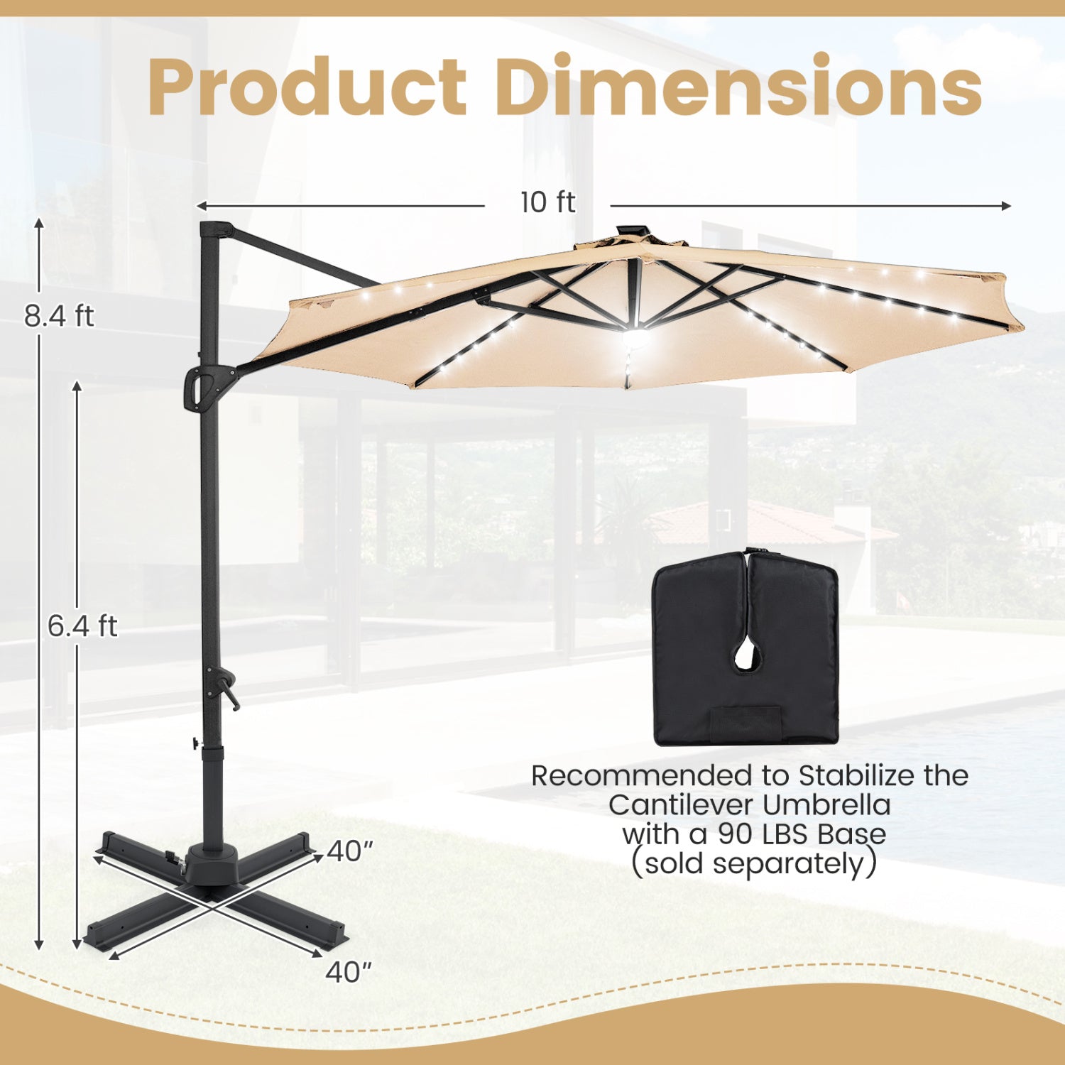 10 FT Cantilever Patio Umbrella with Solar LED Lights 360° Rotation-Beige