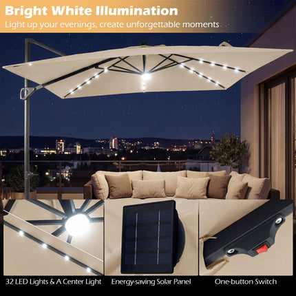 10 FT Cantilever Patio Umbrella with 32 Solar LED Lights and 220 LBS Base-Beige