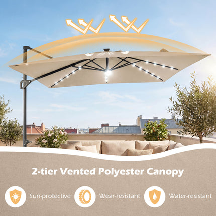 10 FT Cantilever Patio Umbrella with 32 Solar LED Lights and 220 LBS Base-Beige