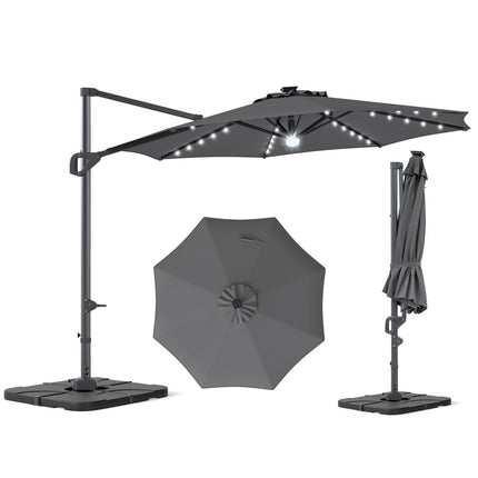 10 FT Cantilever Patio Umbrella with 35 Solar LED Lights and 220 LBS Base-Gray