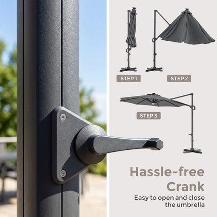 10 FT Cantilever Patio Umbrella with 35 Solar LED Lights and 220 LBS Base-Gray