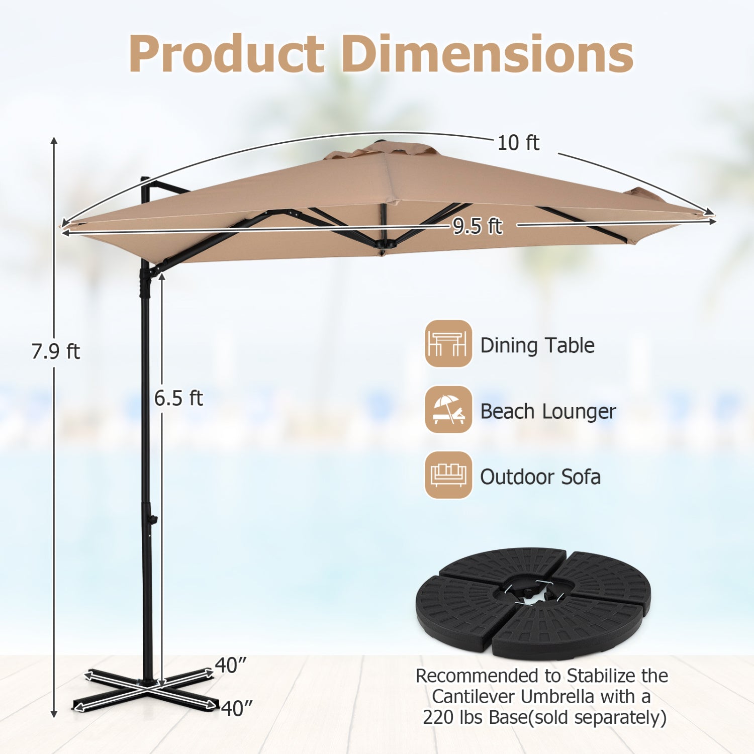 10 FT Cantilever Patio Umbrella with 360° Rotation for Garden-Tan