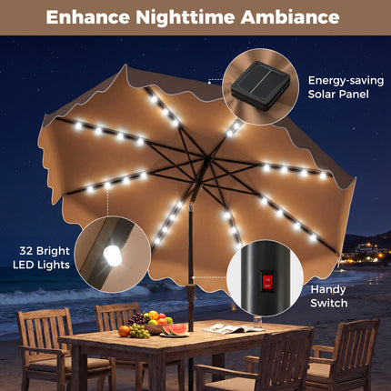 10 FT Outdoor Patio Umbrella with Solar LED Lights and Weighted Base-Brown