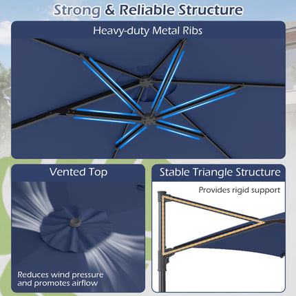 10 FT Patio Cantilever Umbrella with 360° Rotation and Air Vent for Backyard and Poolside-Blue