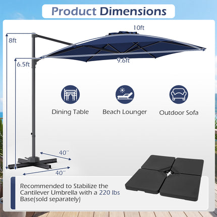 10 FT Patio Cantilever Umbrella with 360° Rotation and Air Vent for Backyard and Poolside-Blue