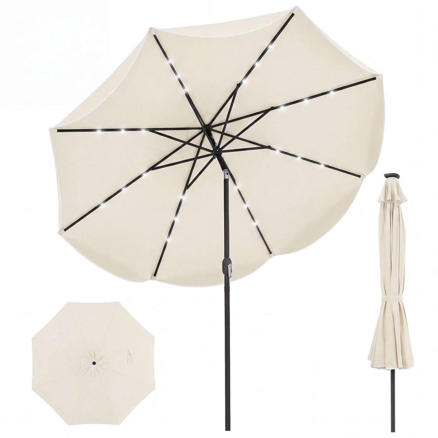Parasol de patio solaire festonné de 3 mètres avec 24 lumières LED et inclinaison réglable - Beige