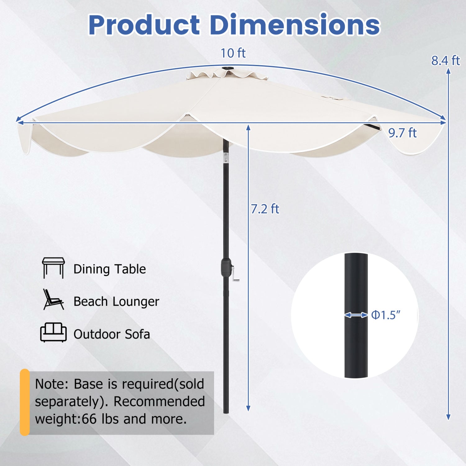 Parasol de patio solaire festonné de 3 mètres avec 24 lumières LED et inclinaison réglable - Beige