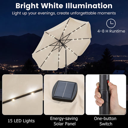 10 FT Scalloped Solar Patio Umbrella with 24 LED Lights and Tilt Adjustment-Beige