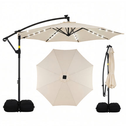 10 FT Solar LED Offset Cantilever Patio Umbrella Hanging Outdoor Market Umbrella-Beige