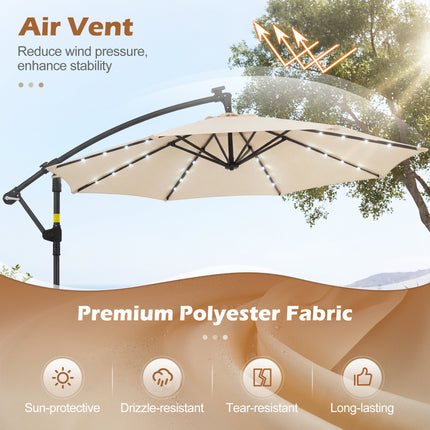 10 FT Solar LED Offset Cantilever Patio Umbrella Hanging Outdoor Market Umbrella-Beige
