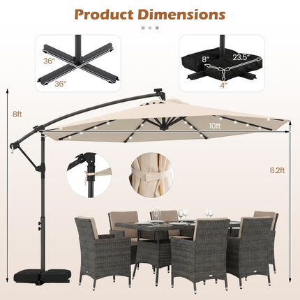 10 FT Solar LED Offset Cantilever Patio Umbrella Hanging Outdoor Market Umbrella-Beige