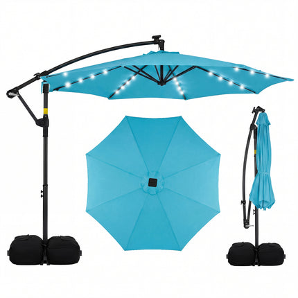 10 FT Solar LED Offset Cantilever Patio Umbrella Hanging Outdoor Market Umbrella-Turquoise