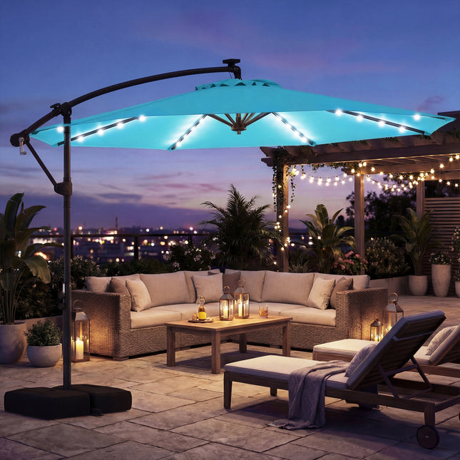 10 FT Solar LED Offset Cantilever Patio Umbrella Hanging Outdoor Market Umbrella-Turquoise