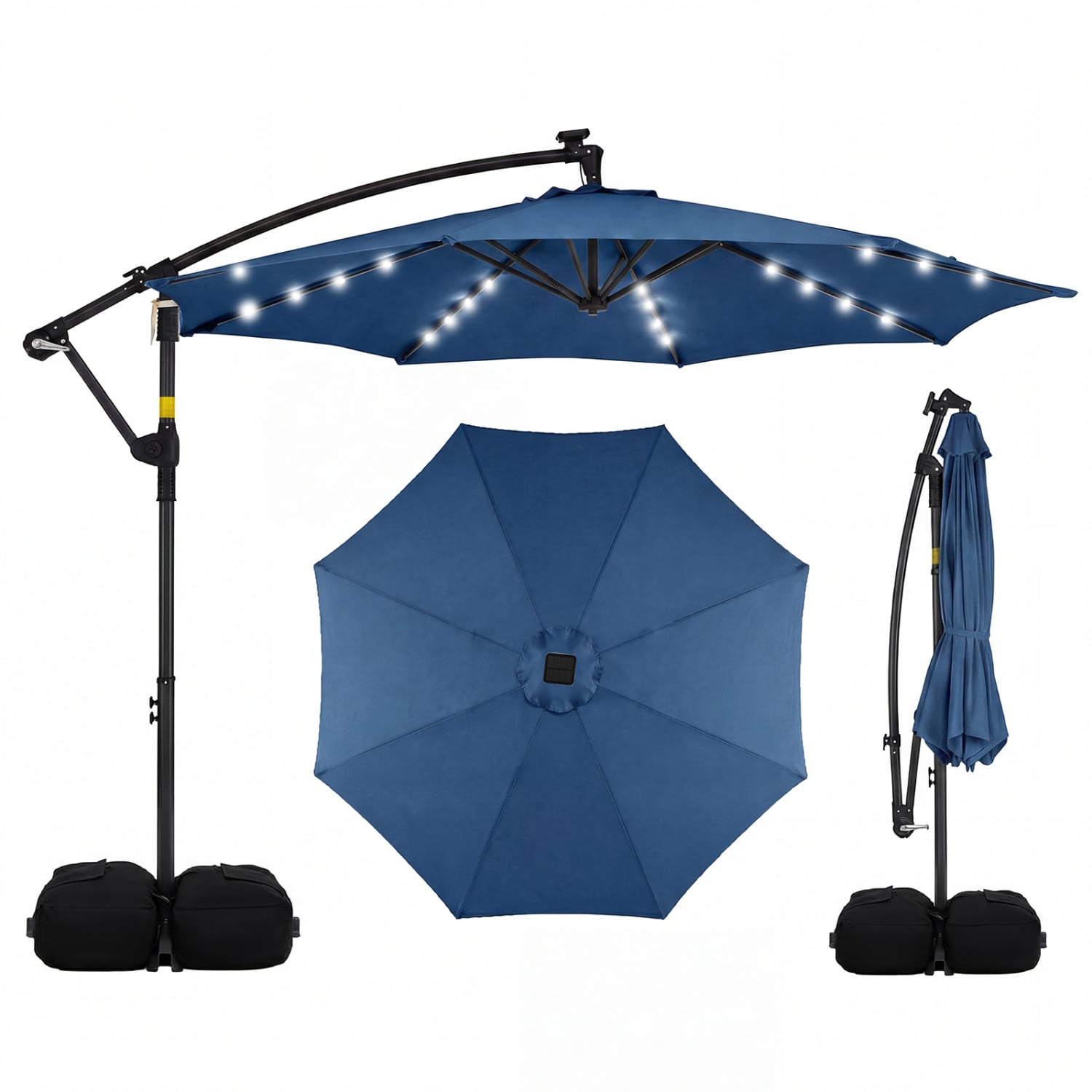 Parasol déporté inclinable de 3 m à LED solaire pour terrasse, extérieur, jardin, marché - Bleu marine
