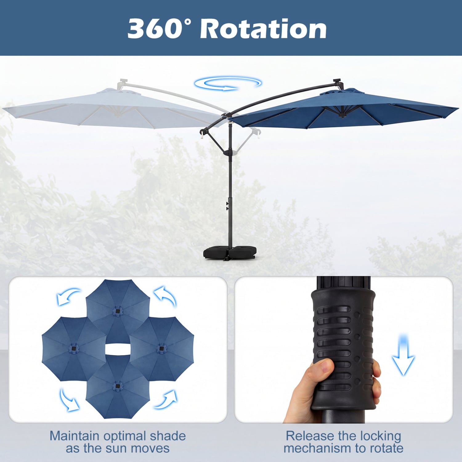 Parasol déporté inclinable de 3 m à LED solaire pour terrasse, extérieur, jardin, marché - Bleu marine