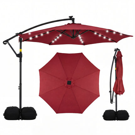 10 FT Solar LED Offset Cantilever Patio Umbrella Hanging Outdoor Market Umbrella-Red