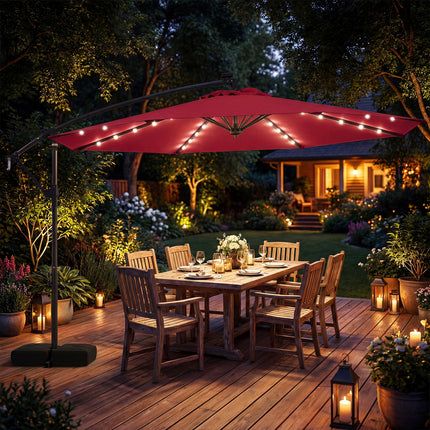 10 FT Solar LED Offset Cantilever Patio Umbrella Hanging Outdoor Market Umbrella-Red