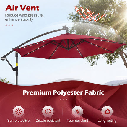 10 FT Solar LED Offset Cantilever Patio Umbrella Hanging Outdoor Market Umbrella-Red