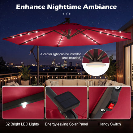 10 FT Solar LED Offset Cantilever Patio Umbrella Hanging Outdoor Market Umbrella-Red