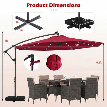 10 FT Solar LED Offset Cantilever Patio Umbrella Hanging Outdoor Market Umbrella-Red