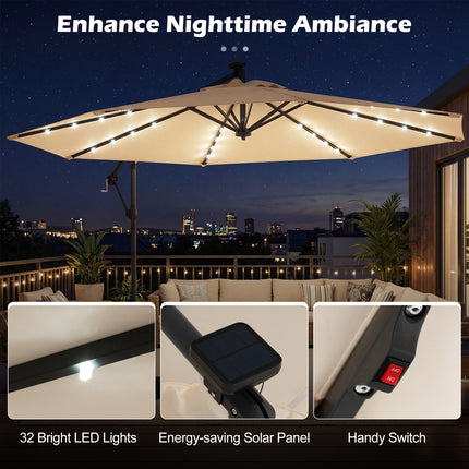 10 FT Solar LED Offset Cantilever Patio Umbrella Hanging Outdoor Market Umbrella-Beige