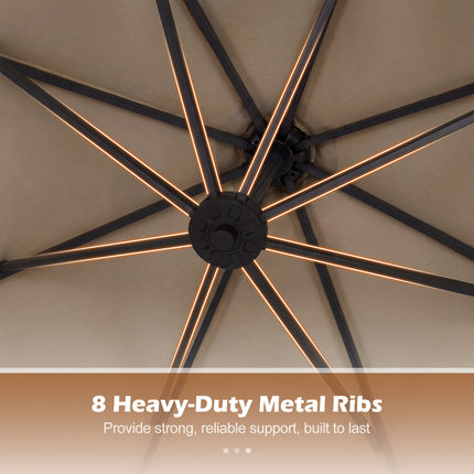 10 FT Solar LED Offset Cantilever Patio Umbrella Hanging Outdoor Market Umbrella-Brown