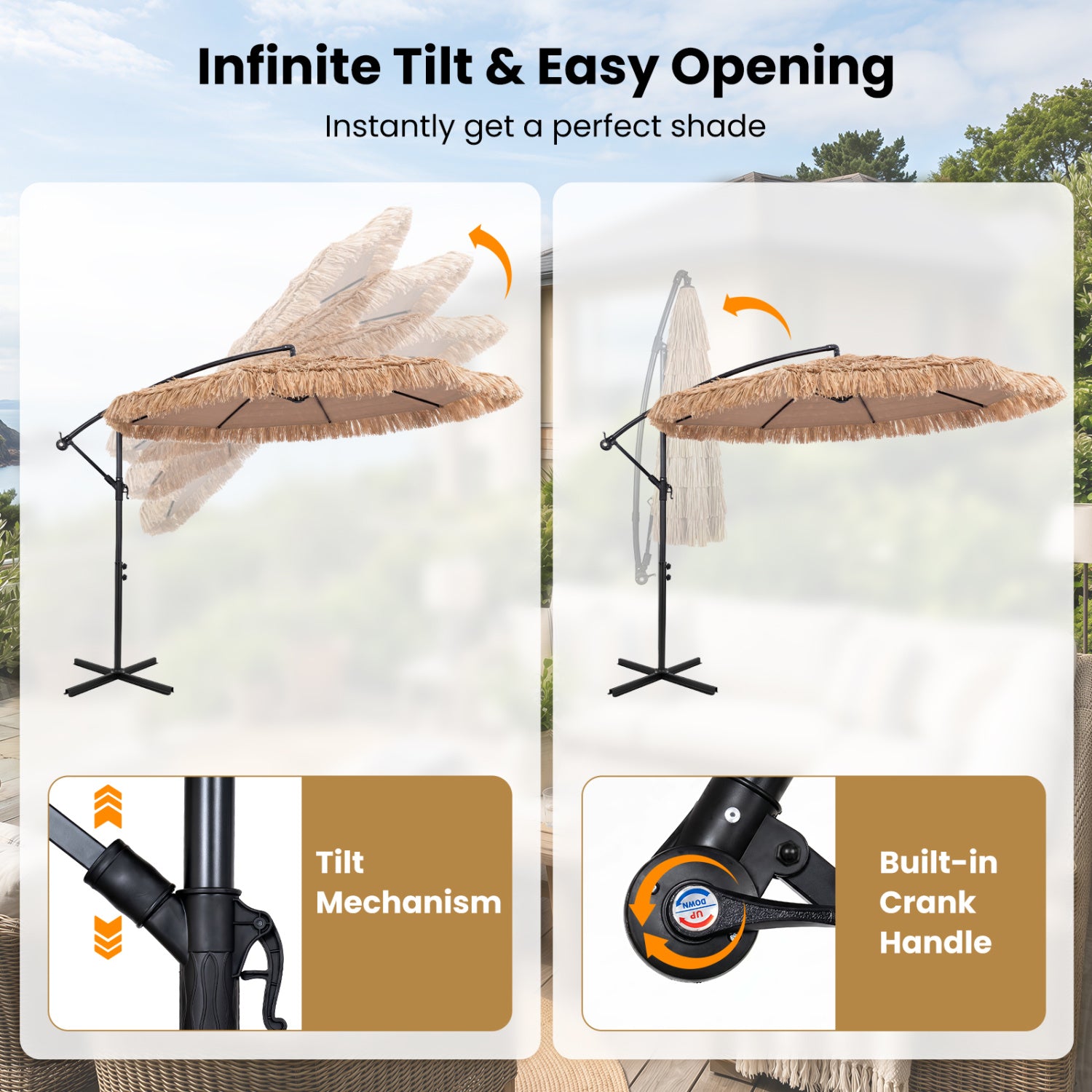 10 FT Solar Thatched Cantilever Umbrella with 12 Modes and Crank Lift-Brown