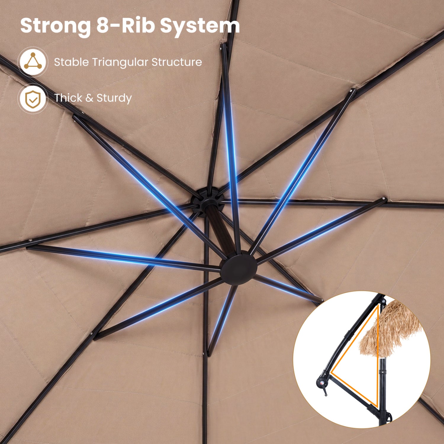 10 FT Solar Thatched Cantilever Umbrella with 12 Modes and Crank Lift-Brown