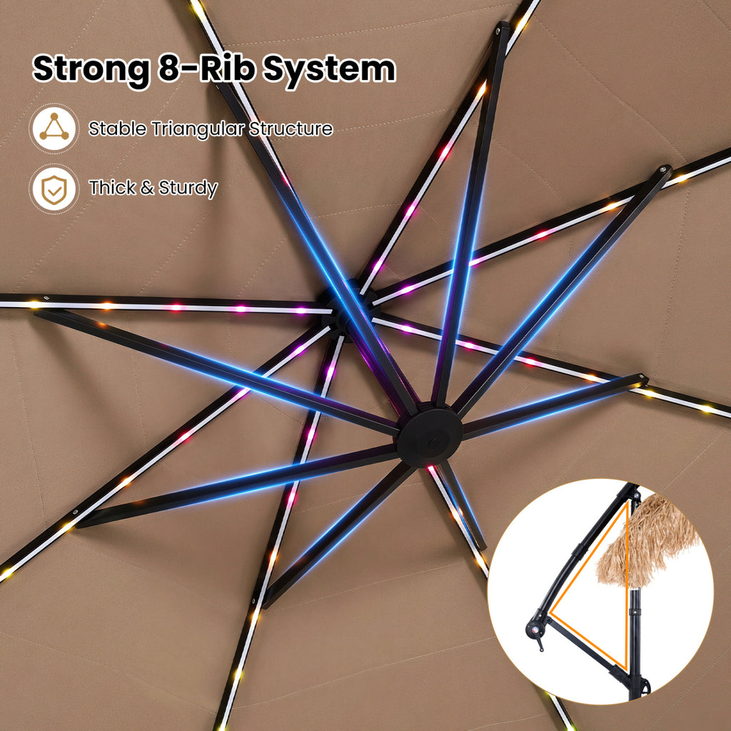 10 FT Solar Thatched Cantilever Umbrella with 96 Multi-color Flowing Lights and 12 Modes-Brown