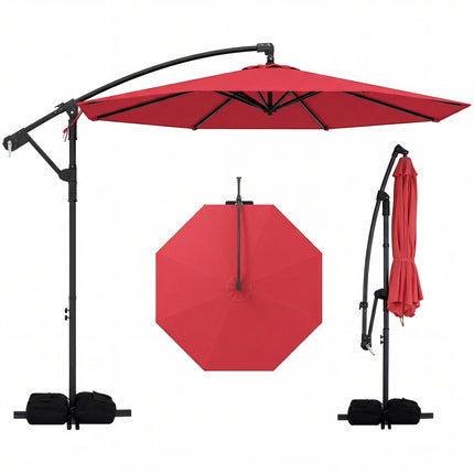 10 Feet Offset Hanging Umbrella with Base Patio Cantilever Umbrella with Tilt-Red
