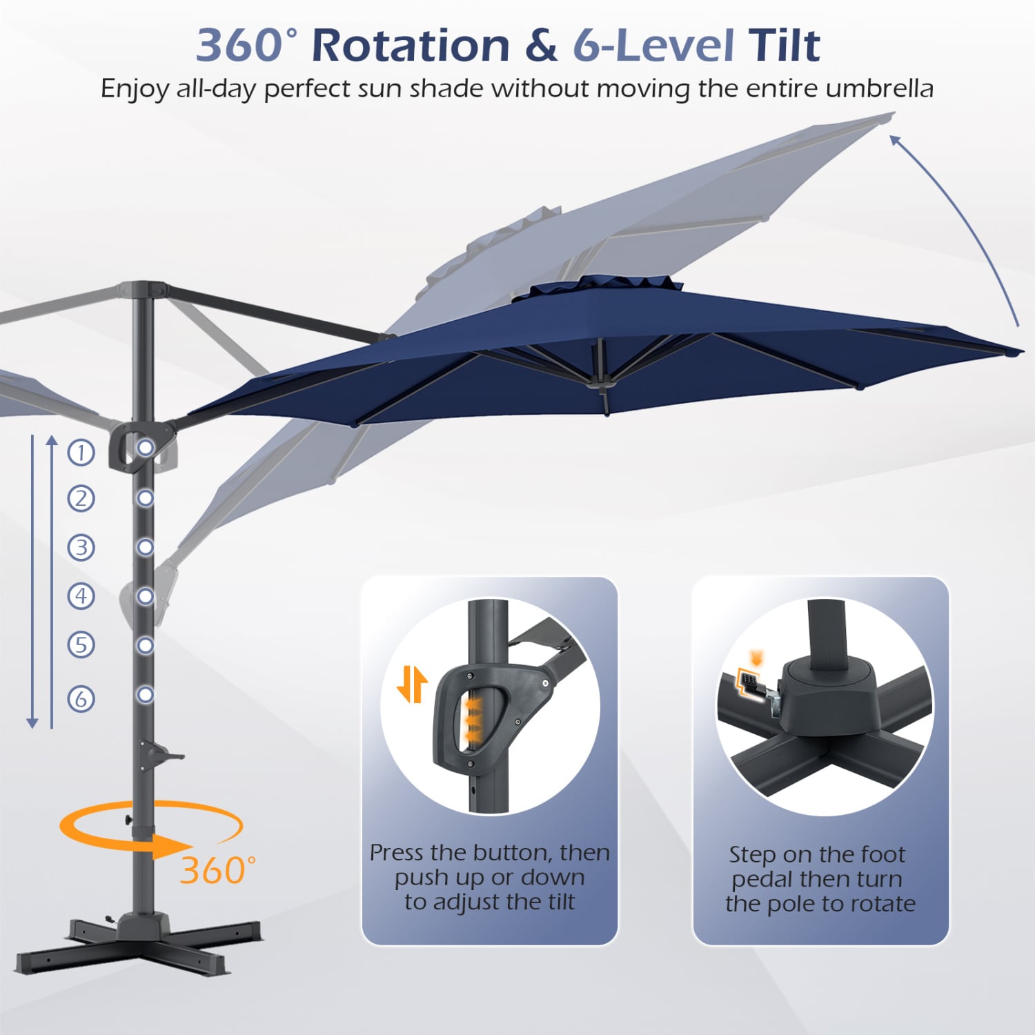 Parasol excentré inclinable de 3 mètres pour terrasse - Bleu marine