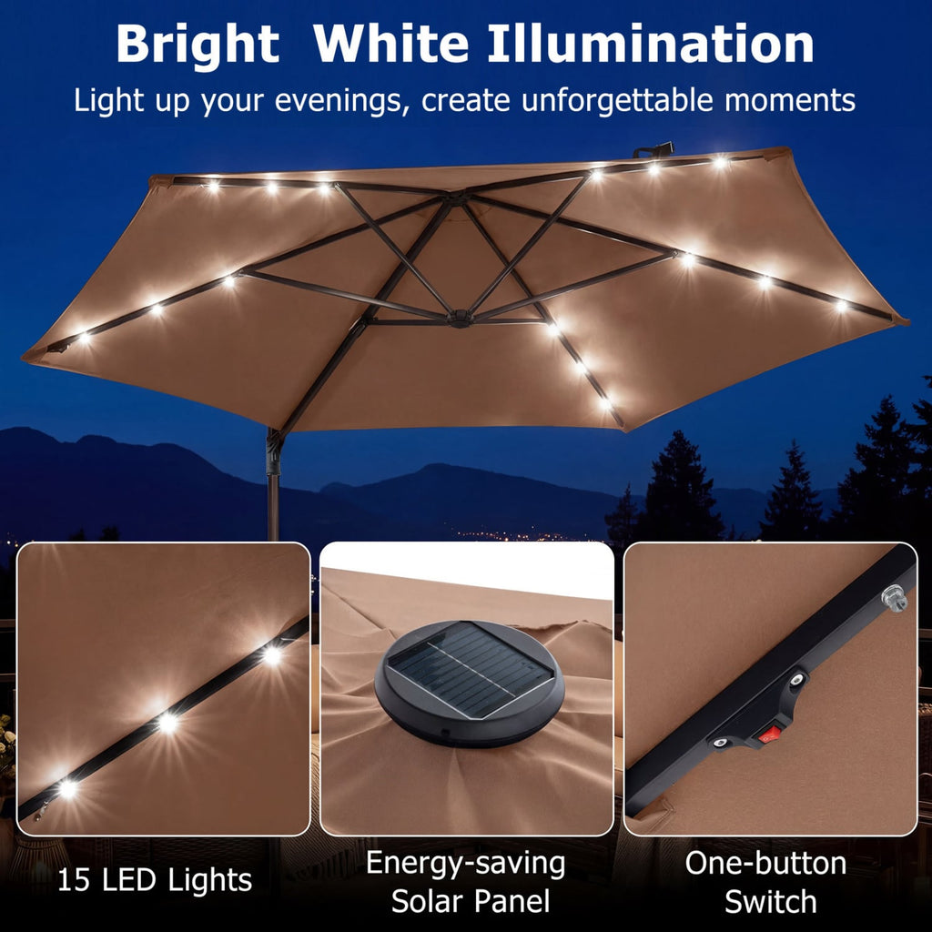 Parasol déporté inclinable de 3 m avec lumières LED solaires - Beige